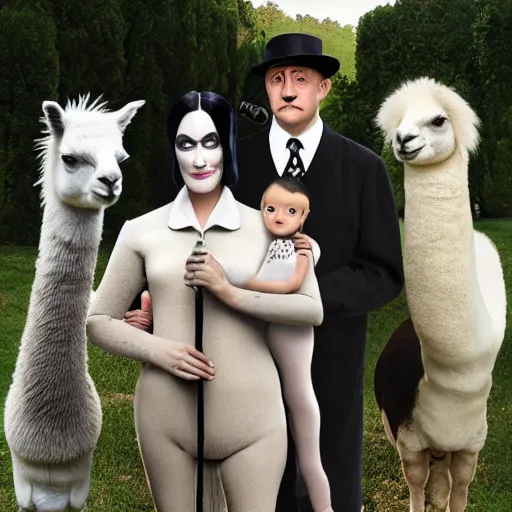 Prompt: the addams family, photobomb by an alpaca