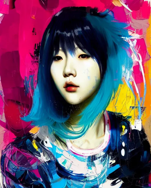 Prompt: pretty korean girl with blue hair, dj sura face, black leather outfit, vibrant colors, glitchy, rule of thirds, spotlight, drips of paint, expressive, passionate, by greg rutkowski, by jeremy mann, by francoise nielly, by van gogh, digital painting