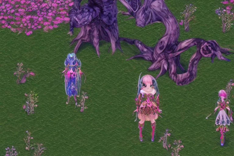 Image similar to cute female forest spirit wearing ornate floral cybernetic hungarian valentino resort dress in a 3 d psx ps 2 jrpg style, esoteric magical alien meadow ritual environment, fashion gameplay battle sequence screenshot with ui hud elements, highly detailed, atelier, xenogears