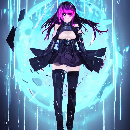 prompthunt: full digital cyberpunk anime!!, shattered cyborg - girl in the  style of arcane!!!, lightning, raining!!, water refractions!!, black long  hair!, biomechanical details, neon background lighting, reflections, wlop,  ilya kuvshinov, artgerm