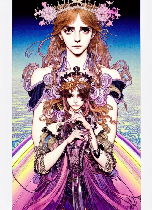 Image similar to highly detailed terada katsuya artstation ayami kojima manga poster of princess emma watson mechine, rainbow gradient reflection, long hair, armor, dress, laces, ruffles, 8 k, maximalist,, jump comics, tomer hanuka, alphonse mucha