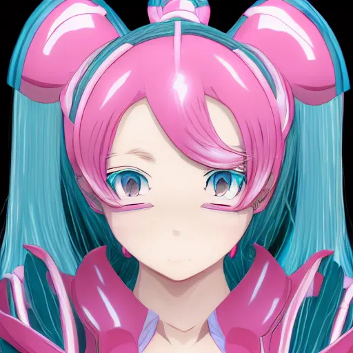 Image similar to stunningly beautiful omnipotent megalomaniacal anime goddess with porcelain skin, pink twintail hair and mesmerizing cyan eyes, symmetrical perfect face smiling in a twisted, mischievous, devious and haughty way while looking down upon the viewer, mid view, hyperdetailed, 2 d, 8 k