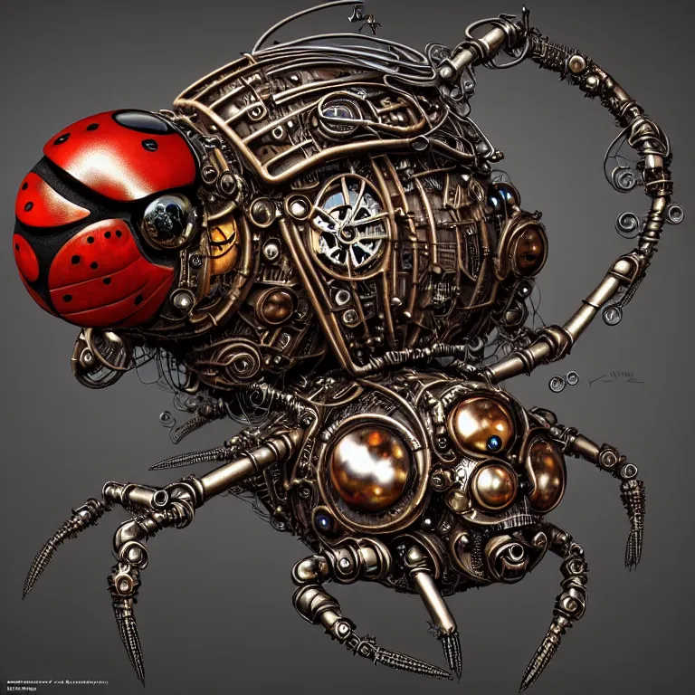 Image similar to steampunk cybernetic biomechanical ladybug with wings, 3 d model, very coherent symmetrical artwork, unreal engine realistic render, 8 k, micro detail, intricate, elegant, highly detailed, centered, digital painting, artstation, smooth, sharp focus, illustration, artgerm, tomasz alen kopera, wlop