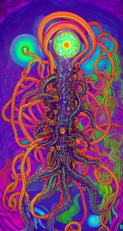 Image similar to An extremely psychedelic abstract illustration of octapus with colorful glowing tentacles, colorful, surreal, dramatic lighting, magic mushrooms, psilocybin, LSD, detailed, intricate, elegant, highly detailed, digital painting, artstation, concept art, smooth, sharp focus, illustration, art by Krenz Cushart and Artem Demura and alphonse mucha, unreal engine 5 render, 8k