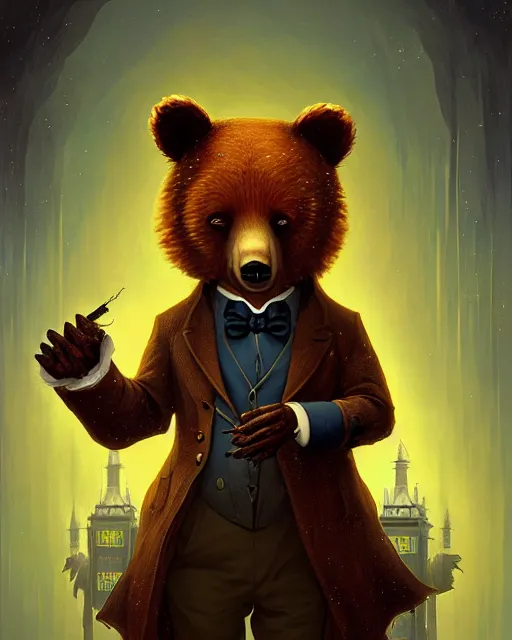 Image similar to anthropomorphic art of a detective bear in tardis, victorian inspired clothing by artgerm, victo ngai, ryohei hase, artstation. fractal papersand books. highly detailed digital painting, smooth, global illumination, fantasy art by greg rutkowsky, karl spitzweg