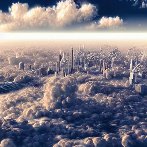 Prompt: epic floating cloud city in the sky, highly detailed digital illustration, hyper realistic, mesmerizing, 4k, HD