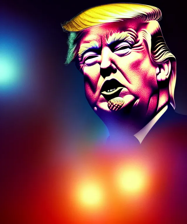 Image similar to hyperrealistic mixed media painting of Donald Trump as a crazy rock star, dimly lit arena, stunning 3d render inspired art by P. Craig Russell and Barry Windsor-Smith + perfect facial symmetry + dim volumetric lighting, 8k octane beautifully detailed render, post-processing, extremely hyperdetailed, intricate, epic composition, grim yet sparkling atmosphere, cinematic lighting + masterpiece, trending on artstation, very very detailed, masterpiece, stunning