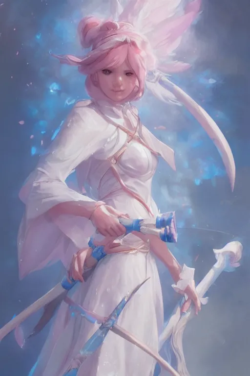 Prompt: 3 / 4 portrait of a cute white mage with a staff in mage armor, soft, pink and blue, artgerm and and greg rutkowski, trending on artstation
