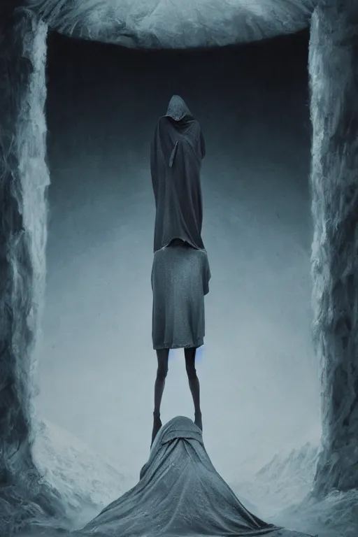 Image similar to dark hooded wraith, standing in front of hyper dimension portal into another realm, epic surrealism 8k oil painting, perspective, high definition, post modernist layering, by Sean Yoro, Peter Kemp