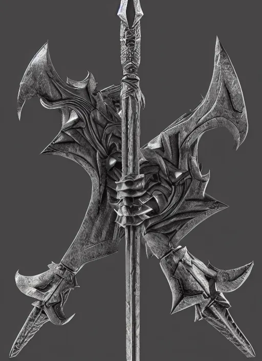 Image similar to a black long sword skull crest, orthographic, ornament, weapon, a 3 d render by dom qwek, front side views full, trending on polycount, artstation, hard surface modeling, rendered in maya, 3 ds max, blender, hd, vray, dark souls