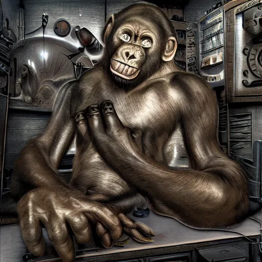 Image similar to Steam computer in ancient time surrounded by apes, highly detailed, highly realistic, artstation, by Hans Giger