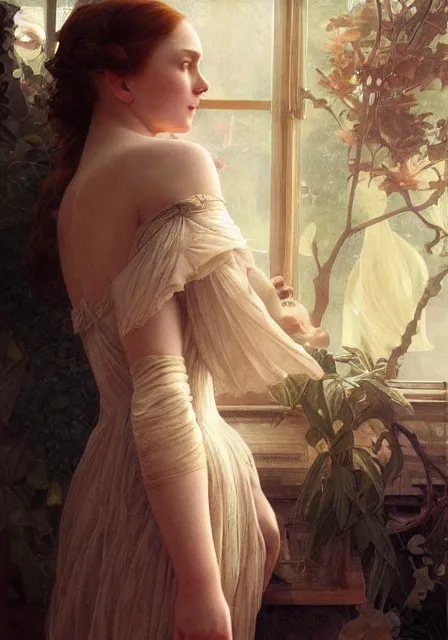 Prompt: sansa elle fanning, intricate, elegant, highly detailed, digital painting, artstation, concept art, smooth, sharp focus, illustration, art by artgerm and greg rutkowski and alphonse mucha and william - adolphe bouguereau