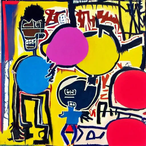 Image similar to basquiat style girl holding balloons