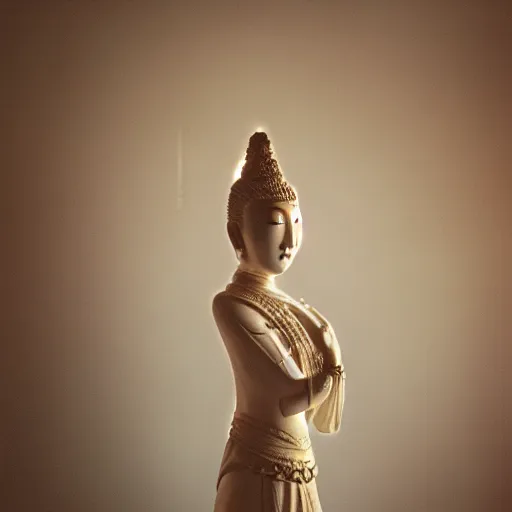 Prompt: photography of asian female sculpture with detailed ornaments, models behind white curtains, dramatic light, cinestill, filmstill, bokeh, long exposure, god rays, magic hour