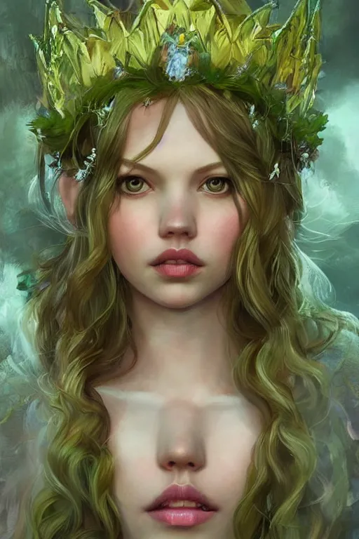 Prompt: portrait of hannah murray as titania, summer queen. faerie queen. queen of light, green, made by caravaggio stanley artgerm lau wlop rossdraws artstation cgsociety concept art cgsociety octane render