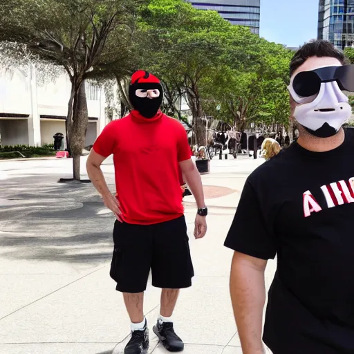 Image similar to a short stocky Italian man wearing a red ski mask over his face, with black goggles on his head, black t-shirt and light khaki cargo shorts, posing for a picture at anime matsuri convention