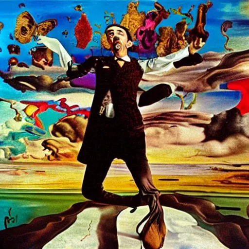 Prompt: 3 5 mm color photograph of salvador dali tripping on lsd