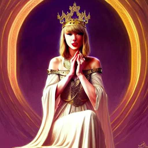 Image similar to Taylor Swift sitting on a majestic throne wearing a crown, D&D style, fantasy, intricate, elegant, highly detailed, digital painting, artstation, concept art, matte, sharp focus, illustration, art by Artgerm and Greg Rutkowski and Alphonse Mucha