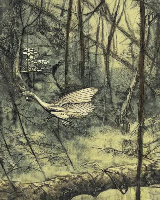 Image similar to ornithopter abandoned in a forest, illustration by hiro isono, art station