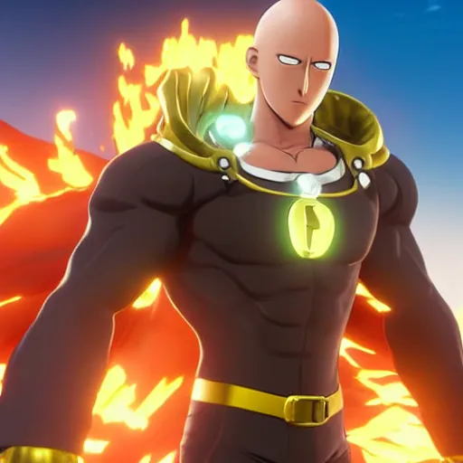 Prompt: one punch man in fortnite, character render, full body shot, highly detailed, in game render