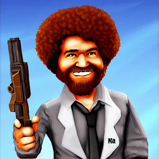 Image similar to bob ross in the style of duke nukem, full body, holding machine guns in both hands, fighting monsters