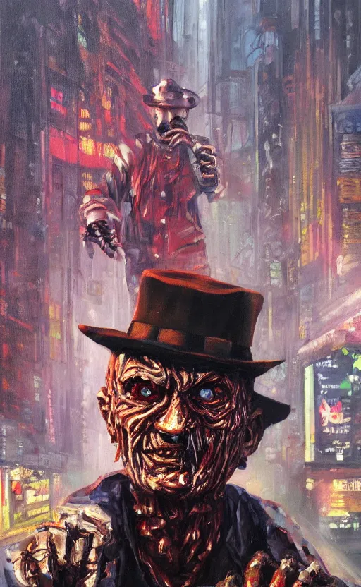 Prompt: a vigorous and limber oil painting of a simple, conversational, cyberpunk, deeply and exquisite freddy krueger in london, by tim white. tibetan paintings. photorealistic. trending on artstation.