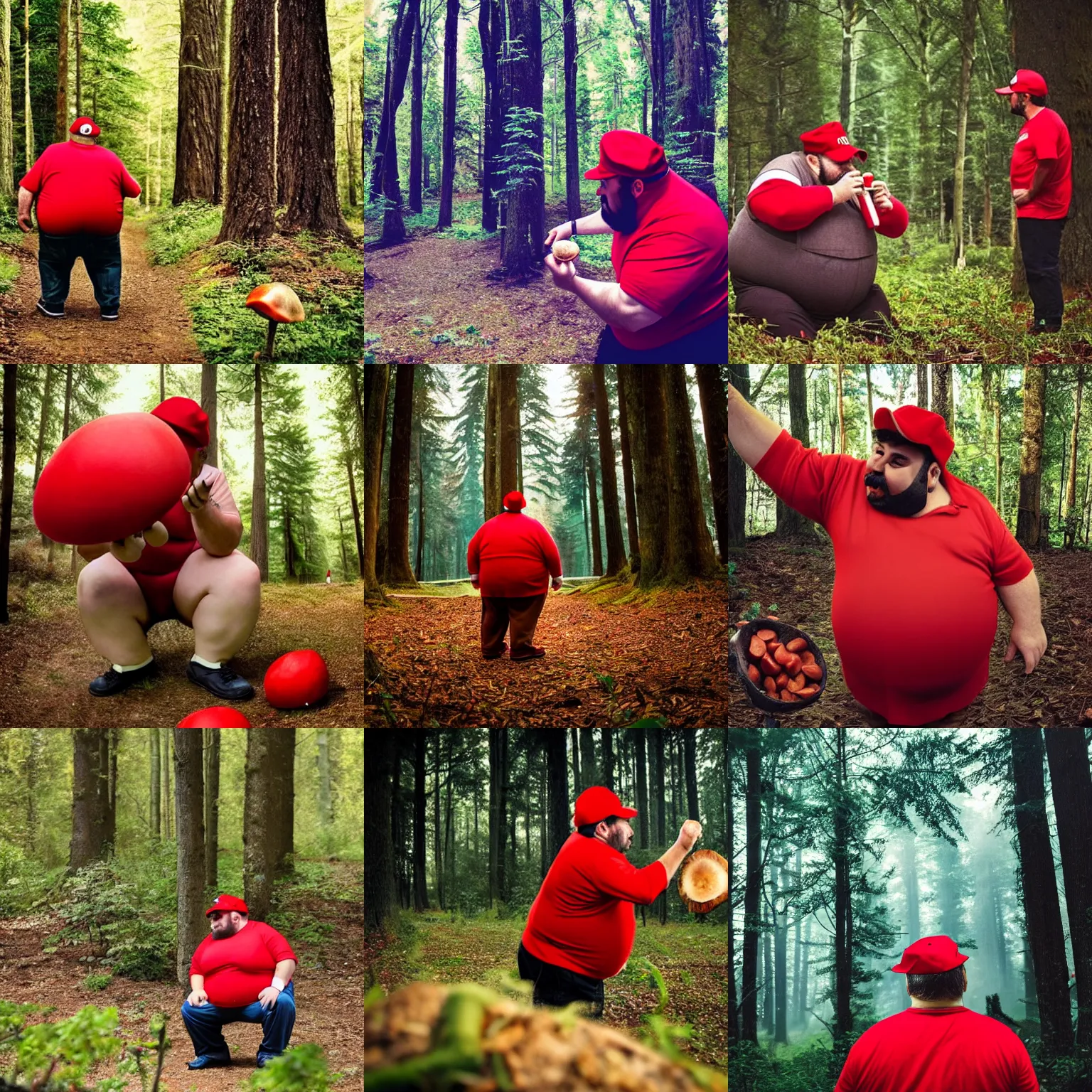 Prompt: a fat italian man wearing red clothes and a red hat getting crazy eating big mushrooms in a forest, hyper realistic photography, outdoors, beauty composition, mario bros, nintendo