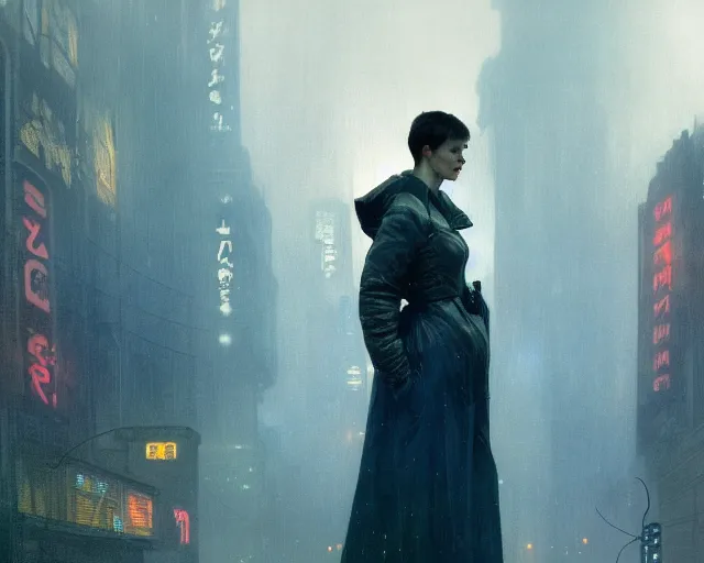 Image similar to 2 0 1 8 blade runner movie still girl look at the cityscape from roof perfect face fine realistic face pretty face neon puffy jacket blue futuristic sci - fi elegant by denis villeneuve tom anders zorn hans dragan bibin thoma greg rutkowski ismail inceoglu illustrated sand storm alphonse mucha