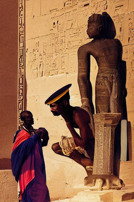 Prompt: a closer hero portrait of a live nubian temple guard in old egypt. photography photo art. cover of time magazine, dramatic light and shadow, saturated colors, ciaroscuro, interpreted by anders zorn