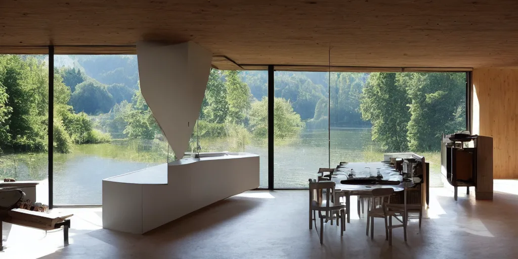 Image similar to a house by the river rhein close to mumpf designed by peter zumthor, beautiful ambient light, silver hour