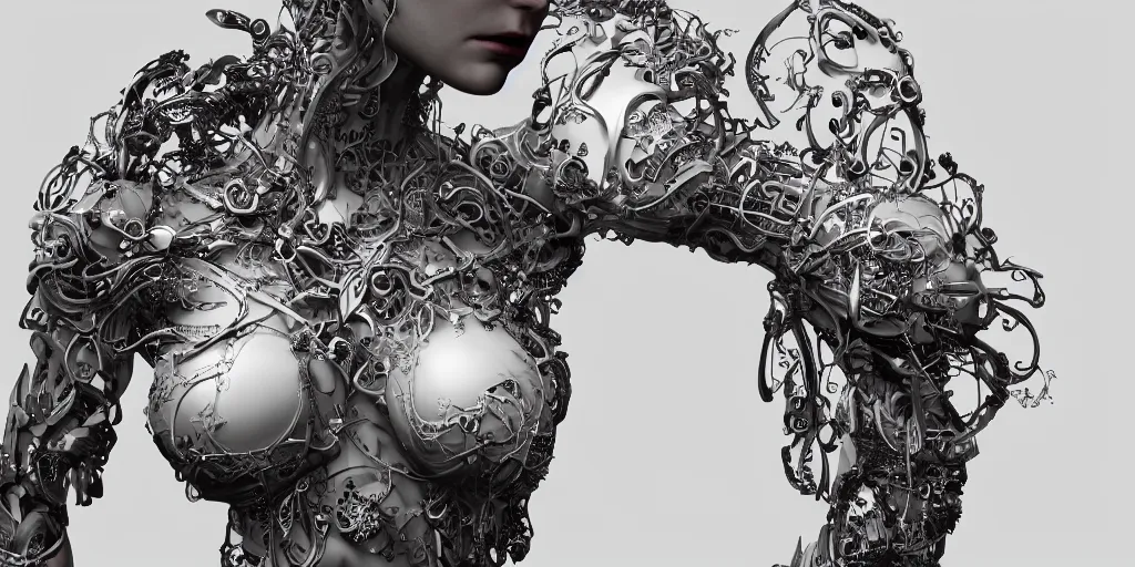 Image similar to hyper realistic photography of a stunningly beautiful cyborg female, plated arm, intimate, chest, holding close, ribbons, in the style of beth cavener, jin kagetsu,, and wlop, highly detailed, intricate filigree, symmetry, masterpiece, award winning, sharp focus, concept art, highkey lighting, ambient lighting, octane render, 8 k, artstation