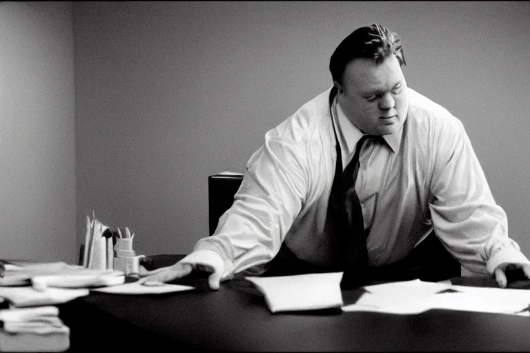 Image similar to cinematic film still from 1994 film: portly clean-shaven white man wearing suit and necktie at his desk, holding his left foot up in the air, XF IQ4, f/1.4, ISO 200, 1/160s, 8K, RAW, dramatic lighting, symmetrical balance, in-frame