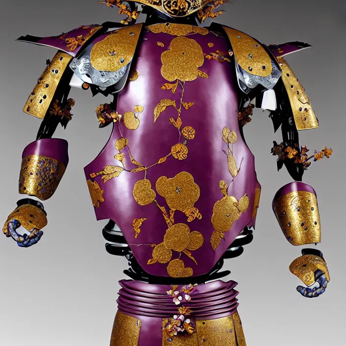 Image similar to ceramic cyborg, Kakiemon design armor with plums and stylized flowers in glaze and gilding Edo period 1670–1690, diffuse lighting, fantasy, intricate, elegant, highly detailed, lifelike, photorealistic, digital painting, artstation, illustration, concept art, smooth, sharp focus, art by John Collier and Albert Aublet and Krenz Cushart and Artem Demura and Alphonse Mucha