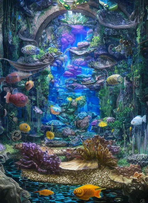 Image similar to people observing lots of beautiful fish in an underground aquarium corridor, in the style of john stephens, fantasy art, ray tracing, water droplets, highly detailed, artstation trend, highly detailed and intricate, sharp focus, photography, unreal engine 5