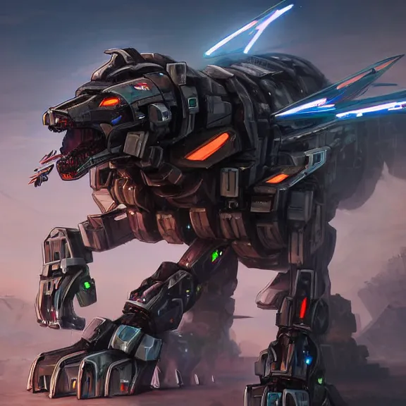 Image similar to hyper realistic, epic, highly detailed cinematic full body shot of a gigantic feral mecha canine, sharp metal claws, cannon mounted on back, sleek armor, glowing visor, destroying city, digital art, furry art, macro art, dragon art, furaffinity, deviantart, sofurry