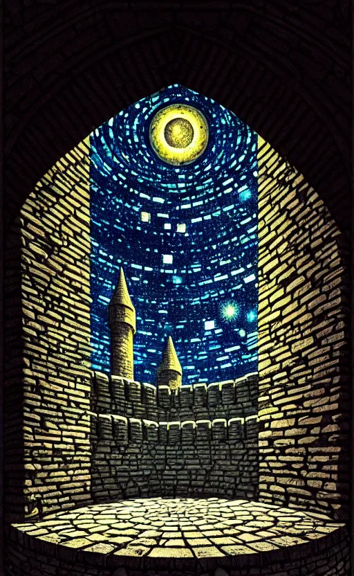 Image similar to stone brick wall inside of a castle, round window looking out to the starry night sky laboratory, high details, intricately detailed, by vincent di fate, inking, 3 color screen print, masterpiece, trending on artstation,, sharp, details, hyper - detailed, hd, 4 k, 8 k