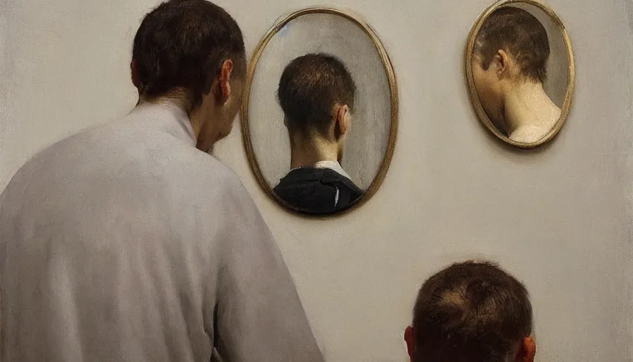 Image similar to painting by borremans, a man looks in the mirror and sees not himself, detailed, stunning