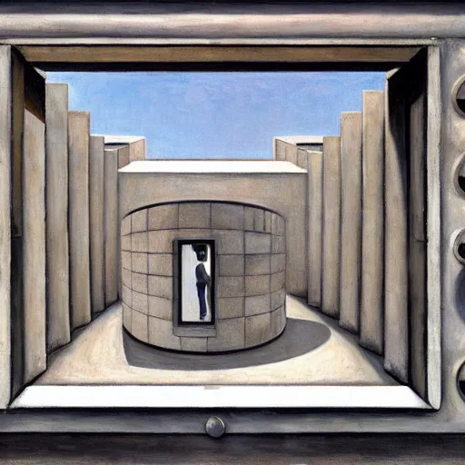 Image similar to first person view of a stark concrete maze, people peering into portholes, grant wood, pj crook, edward hopper, oil on canvas