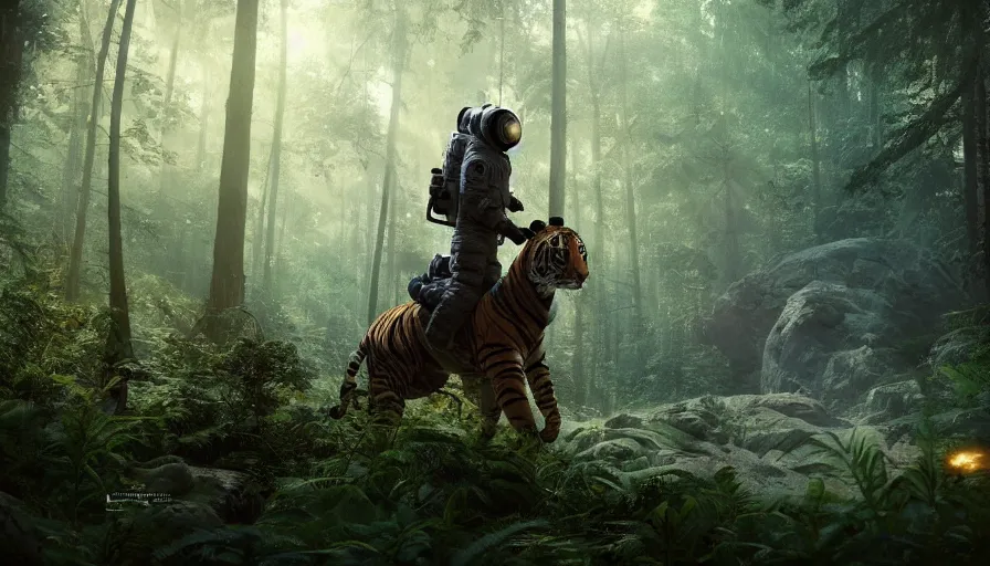 Image similar to american astronaut in the forest riding a tiger, plants environment, wide angle, cinematic lighting, atmospheric, ultrarealistic, trending on artstation, cgsociety, highly detailed, color graded, in the style of craig mullins, rendered in Unreal Engine 4k HQ, shadow of the tomb rider