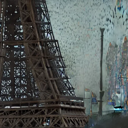 Image similar to A beautiful intricate 8K award-winning cinematic movie photograph of the future Eiffel Tower, devastated and decaying, completely covered in billboards. in the year 2043, by Bruno Delbonnel. Arri Alexa 65, IMAX 70mm footage