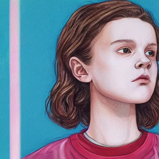 Image similar to beautiful side portrait of Eleven from Stranger things in a scenic!!! Environment!! by martine johanna, lines ,figurativism!, portrait,