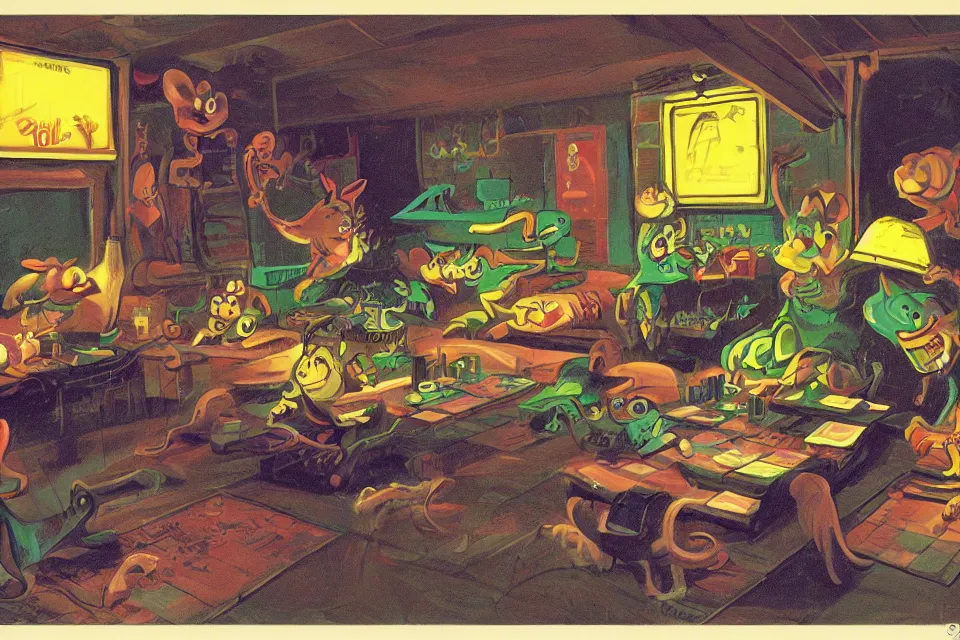 Prompt: mice rolling dice, neon basement, by john kricfalusi and syd mead