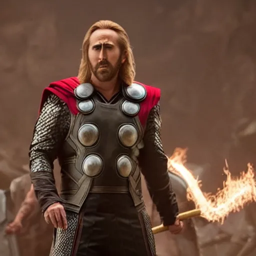 Image similar to film still of Nic Cage as Thor in Avengers Endgame