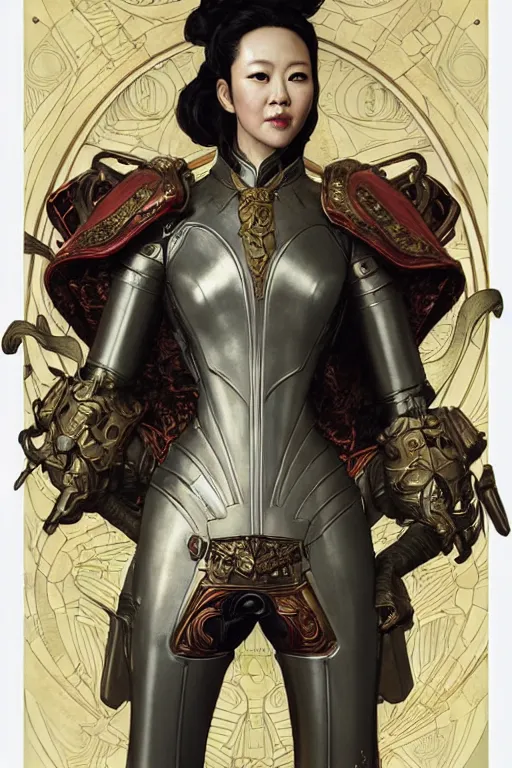 Image similar to full length portrait of zhang ziyi in armour, by eve ventrue, michael carson, andreas rochas, john watkiss, casey weldon, artgerm. art nouveau. tarot card by mucha. gloomhaven. swirly intricate linework background. gaudy colors, sharp edges. octane render