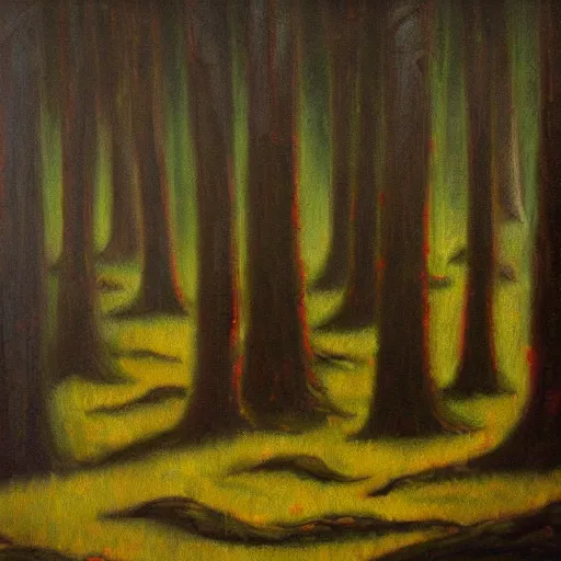Image similar to haunted forest, eerie, glowing, shadowy, oil painting high detail