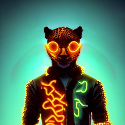 Image similar to a beautiful commission of a male anthropomorphic cheetah wearing a neon jacket,futuristic,detailed face,mohawk,cyberpunk style,deviantart,artstation,art by greg rutkowski,ross tran,professional lighting,neon city,night,raytracing,rtx,highly realistic,4k,dramatic,hyperrealism