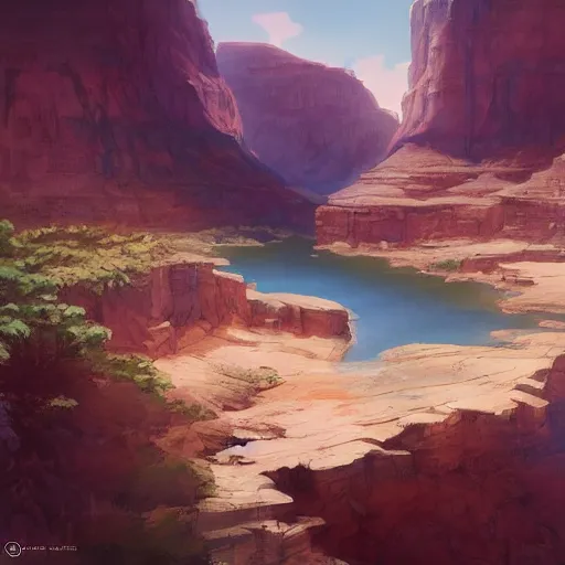Prompt: concept art painting of a grand canyon with ocean inside, giant river, with unfinished bridge under construction, realistic, detailed, cel shaded, in the style of makoto shinkai and greg rutkowski and james gurney