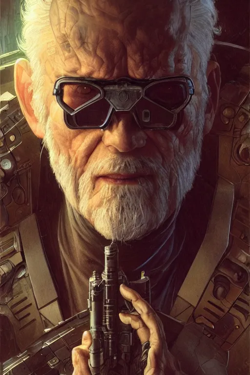 Image similar to cyberpunk old man, augmented, cyborg, movie poster, cinematic lighting, intricate, rugged, highly detailed, digital painting, artstation, smooth, sharp focus, illustration, art by artgerm and greg rutkowski and alphonse mucha and Wayne Barlowe and william-adolphe bouguereau