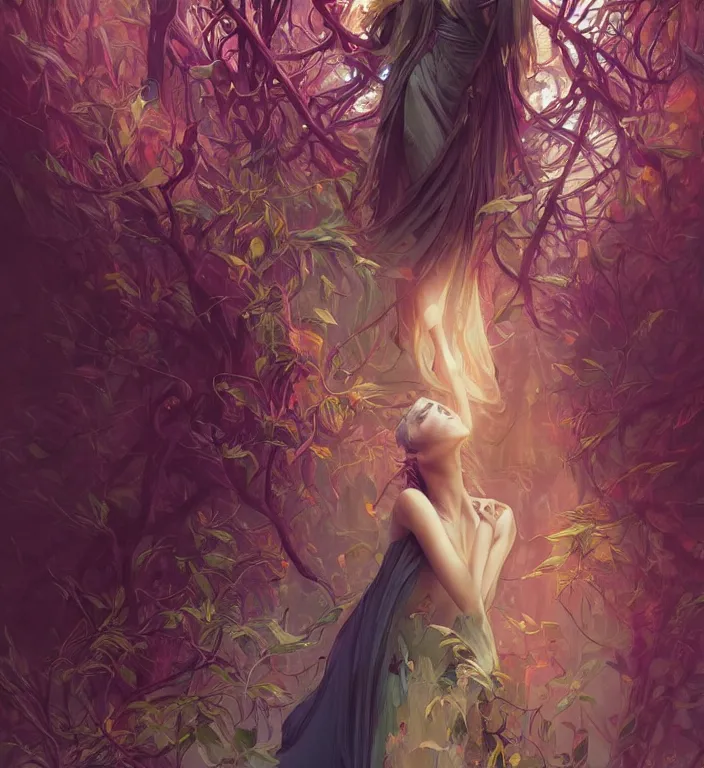 Prompt: beautiful, haunting young woman, detailed gorgeous face, flowing hair, vaporwave aesthetic, synthwave long luxurious gown, colorful, branches, leaves, digital art, ravens, digital painting, artstation, concept art, smooth, sharp focus, illustration, art by artgerm and greg rutkowski and alphonse mucha