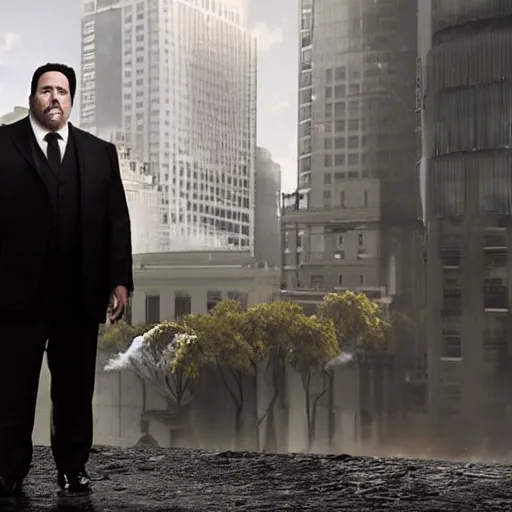 Image similar to clean-shaven Jon Favreau as Happy Hogan wearing a black suit and black necktie falling down into a city with a frightened expression on his face
